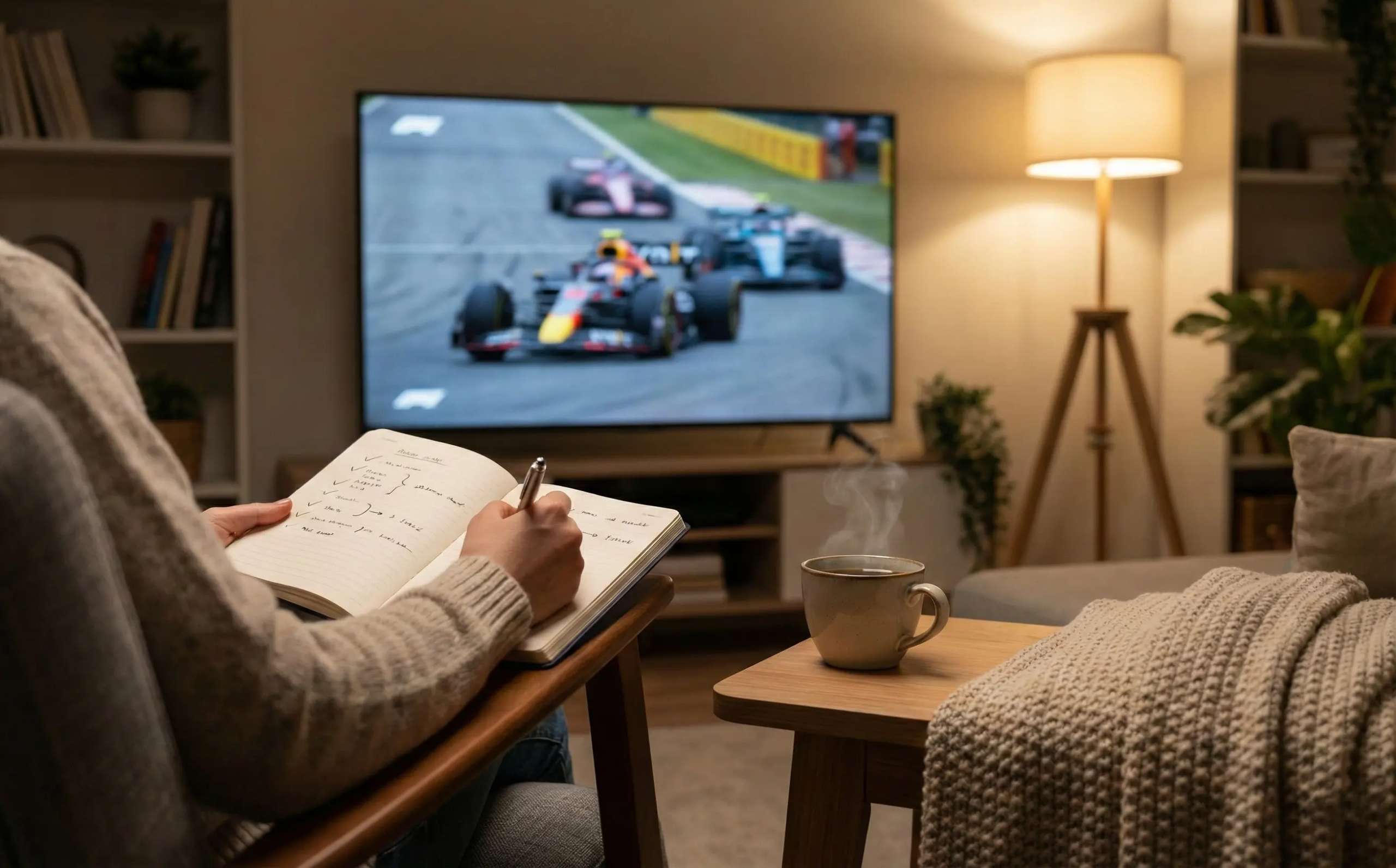 Person macht sich Notizen während eines Formel 1 Rennens