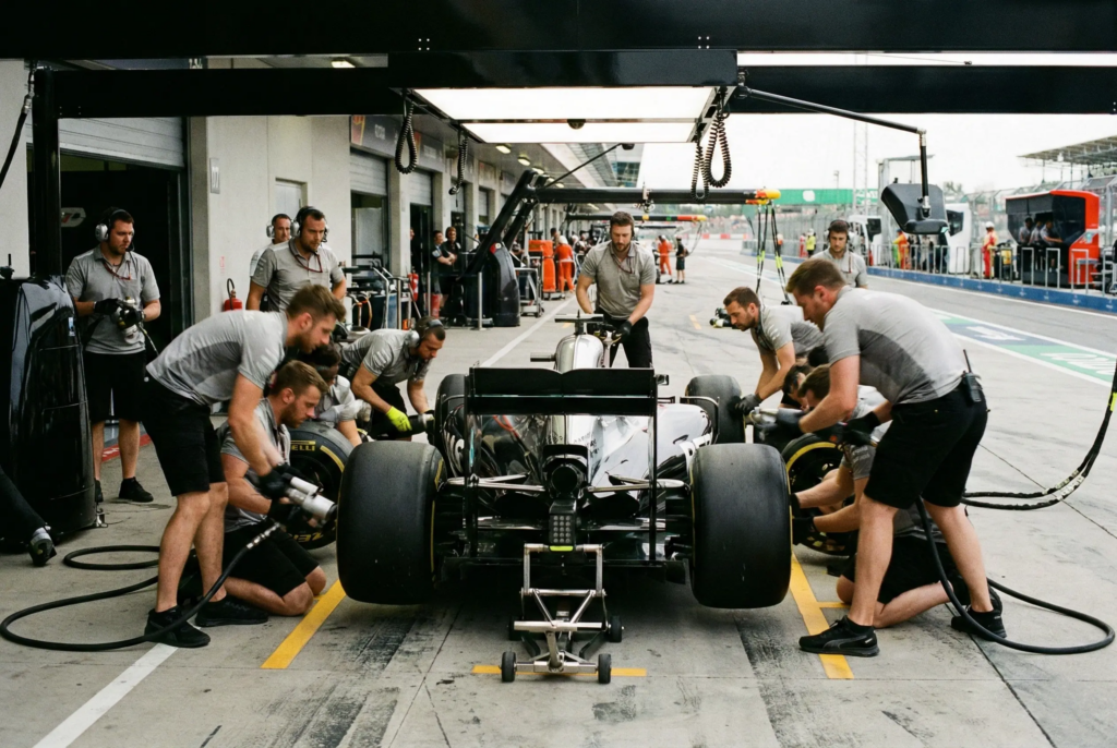 Formel 1 Boxenstopp mit Mechanikern beim schnellen Reifenwechsel