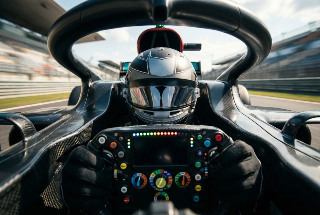 Formel 1 Fahrer im Cockpit mit Lenkrad und Displays während des Rennens