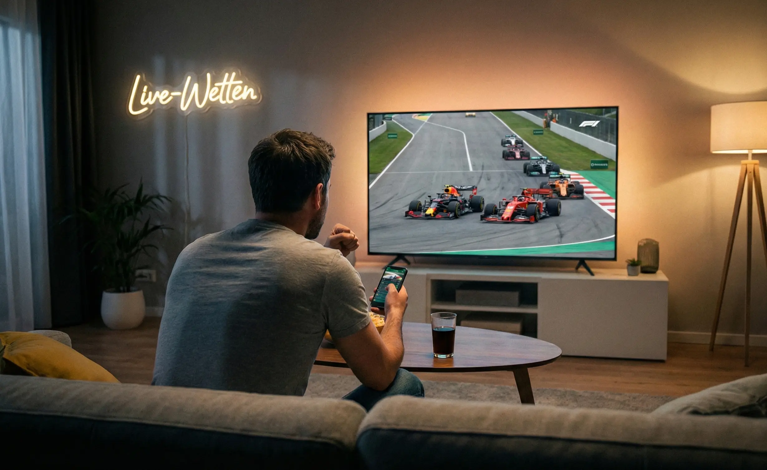 Fan verfolgt ein Formel 1 Rennen auf dem Bildschirm mit Statistiken