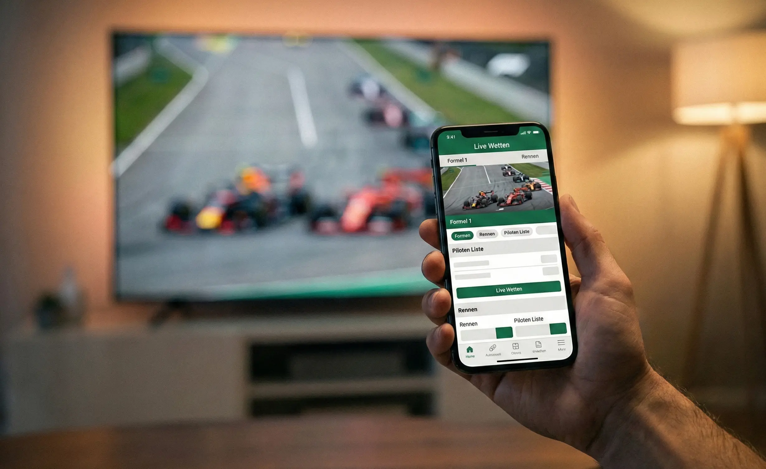 Smartphone mit Sportwetten-App während eines Formel 1 Rennens