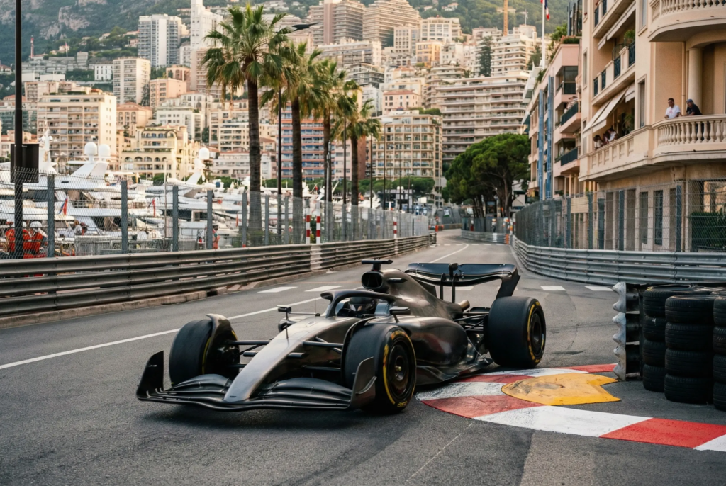 Formel 1 Wagen in einer engen Kurve auf dem Monaco Stadtkurs