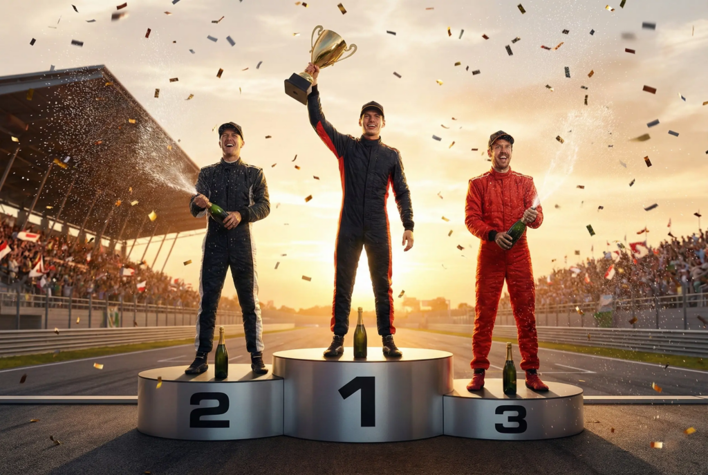 Formel 1 Siegerehrung auf dem Podium mit Champagner und Trophäe