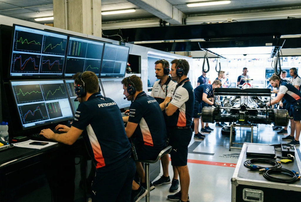 Formel 1 Team-Garage mit Ingenieuren bei der Fahrzeuganalyse am Monitor