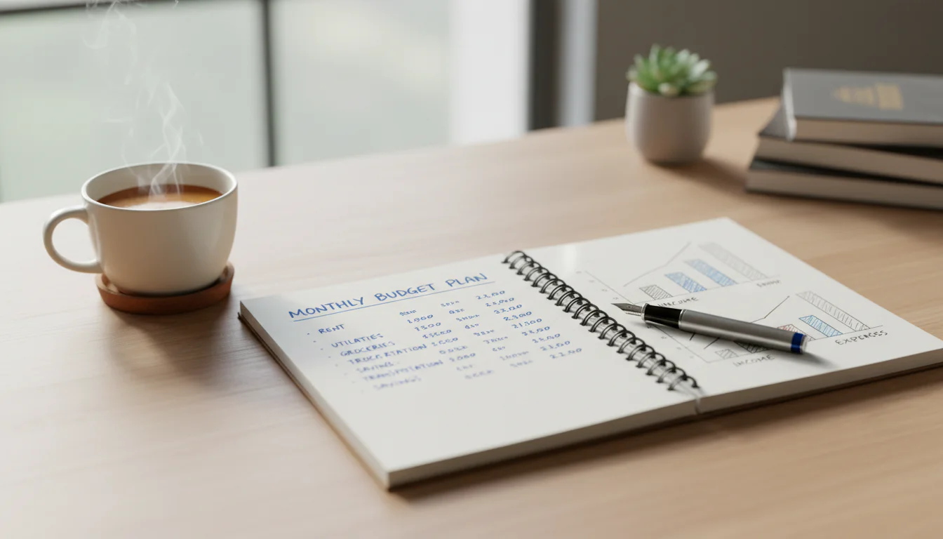 Notizbuch mit handgeschriebener Budgetplanung und einem Stift auf einem Schreibtisch