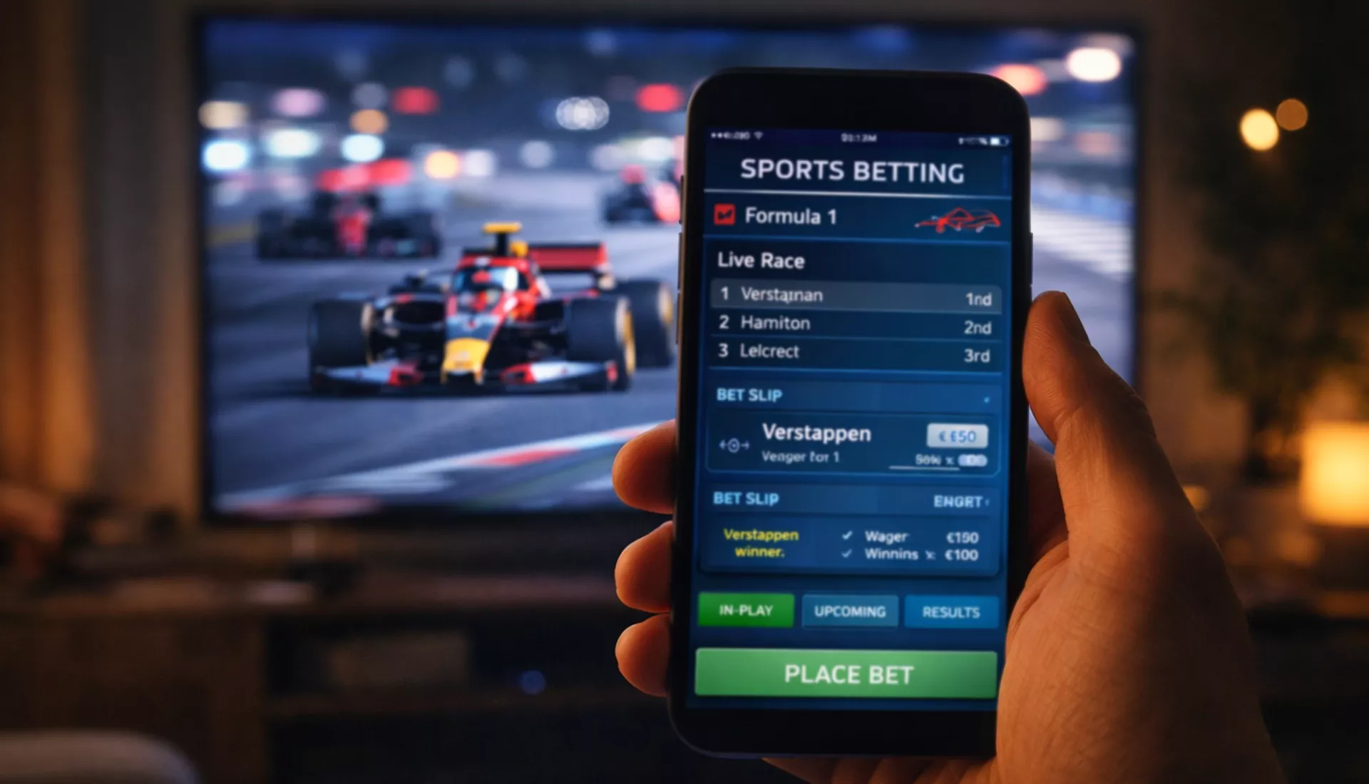 Smartphone zeigt eine Sportwetten-App mit Formel-1-Rennen im Hintergrund