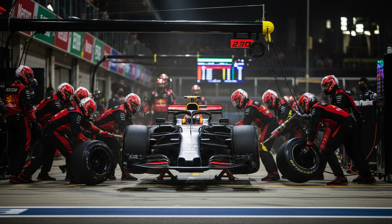 Formel-1-Boxenstopp mit Mechanikern die blitzschnell Reifen wechseln