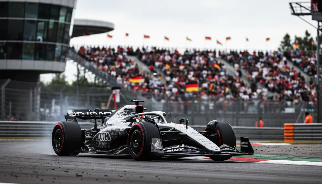 Formel-1-Wagen in Audi-Farben auf einer Rennstrecke mit deutscher Flagge am Rand