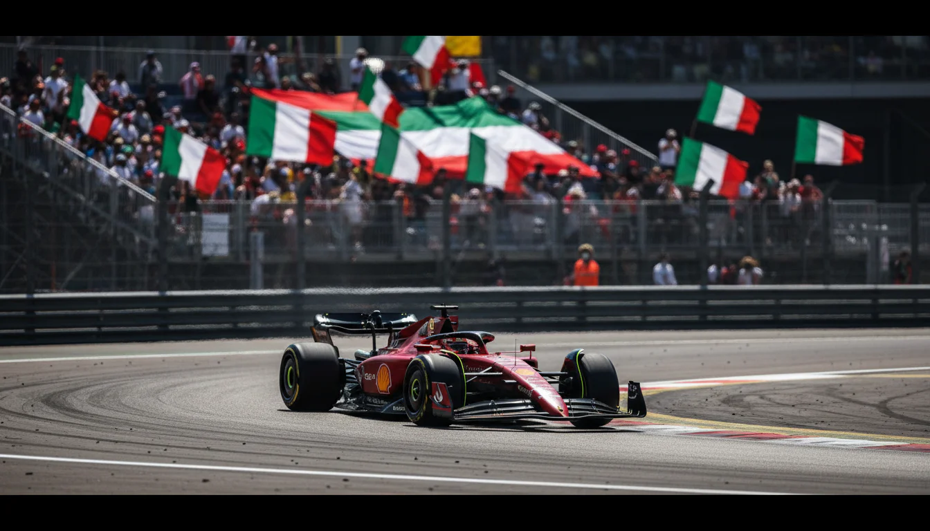 Formel-1-Wagen in Ferrari-Rot auf einer Rennstrecke bei einem Grand Prix