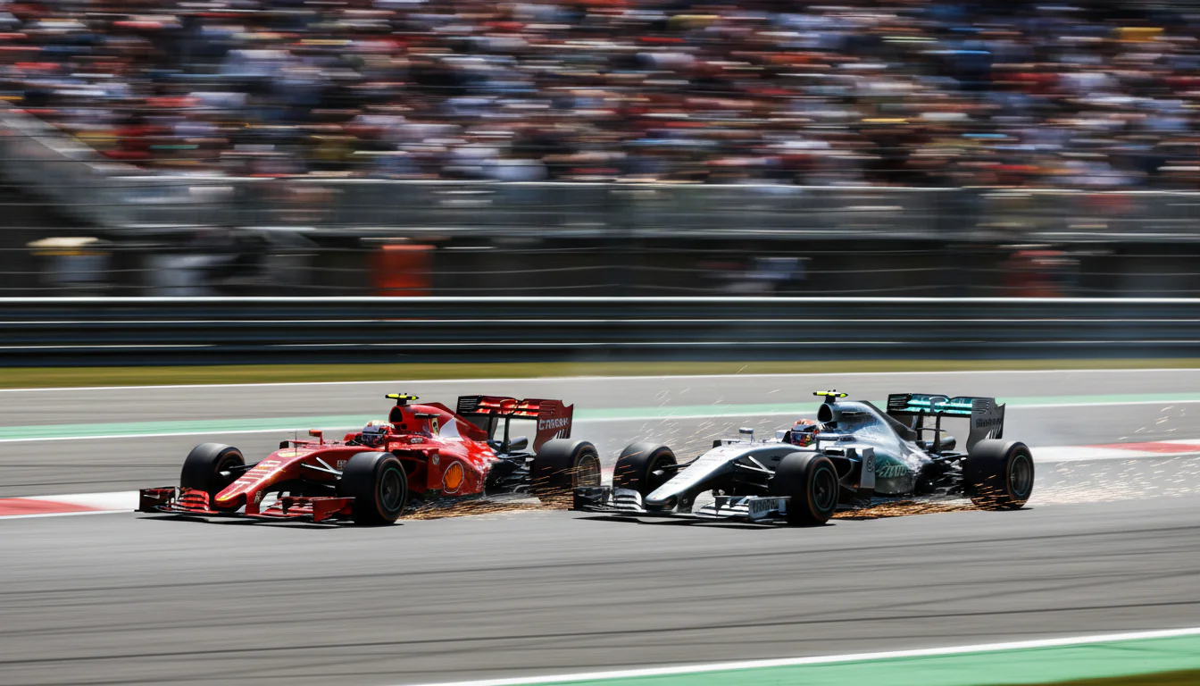 Zwei Formel-1-Rennwagen fahren Seite an Seite durch eine Kurve