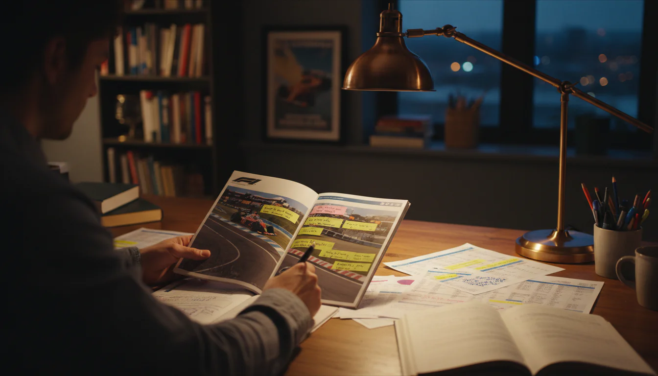 Person studiert ein Formel-1-Rennprogramm mit Notizen zur Wettabsicherung