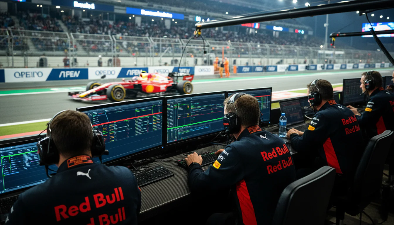 Nahaufnahme eines Formel-1-Rennens aus der Boxengasse mit Bildschirmen und Timing-Daten