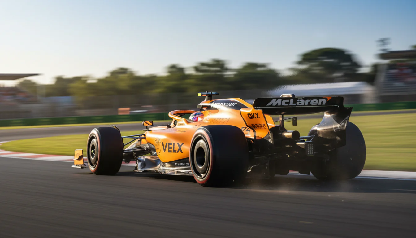 Formel-1-Wagen in McLaren-Orange auf der Rennstrecke bei einem Rennen