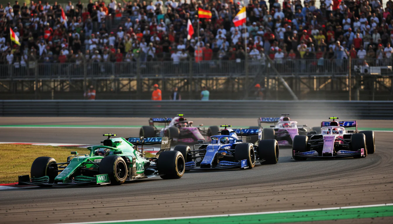 Mehrere Formel-1-Mittelfeld-Wagen kämpfen eng um Positionen in einer Kurve