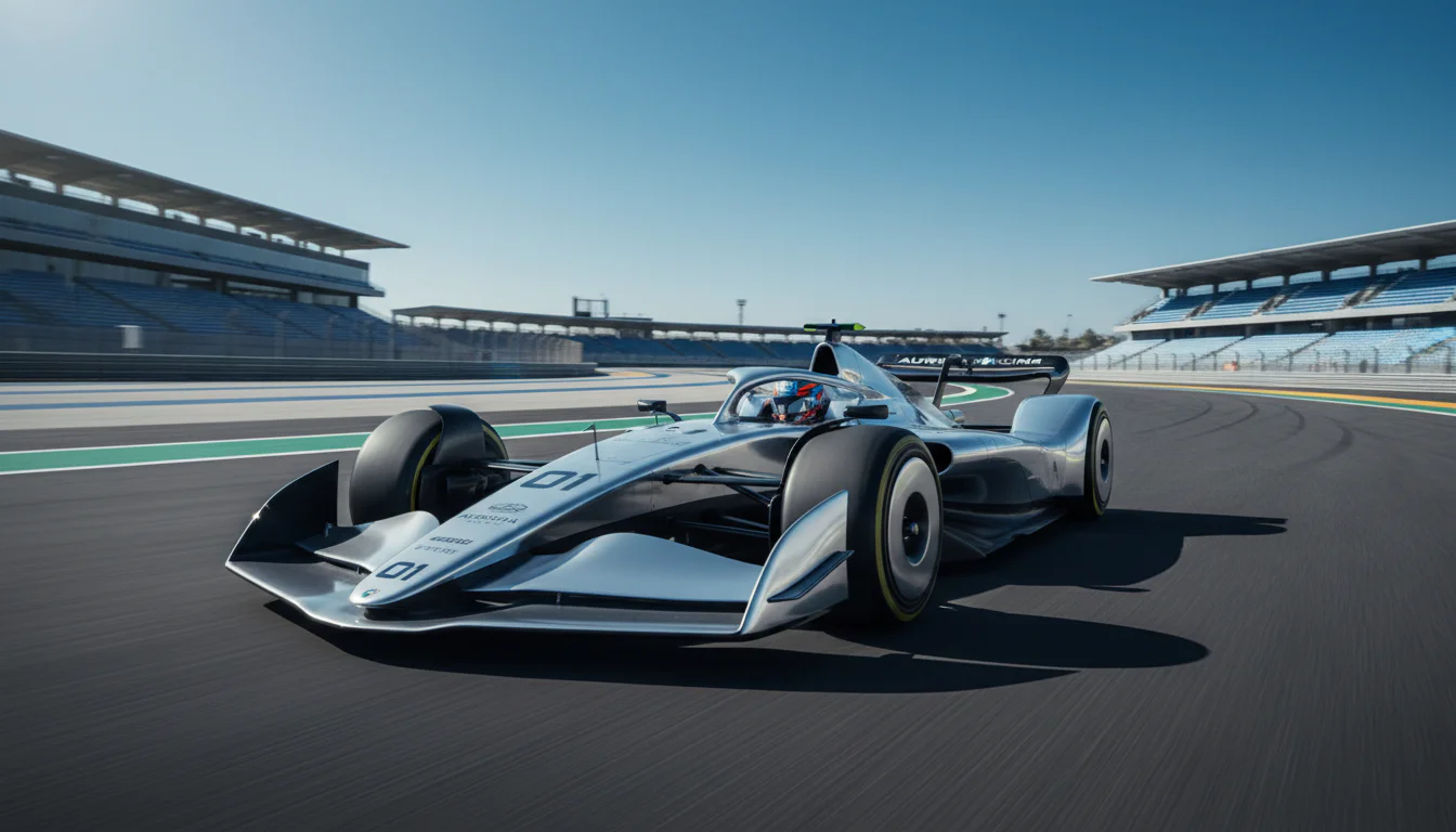 Futuristische Formel-1-Wagen der neuen Generation 2026 auf einer Teststrecke