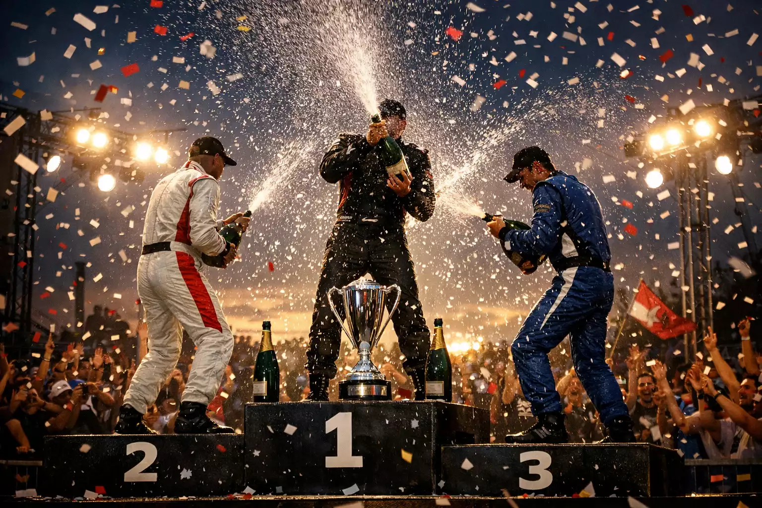 Drei Formel-1-Fahrer feiern auf dem Podium eines Grand Prix mit Champagner