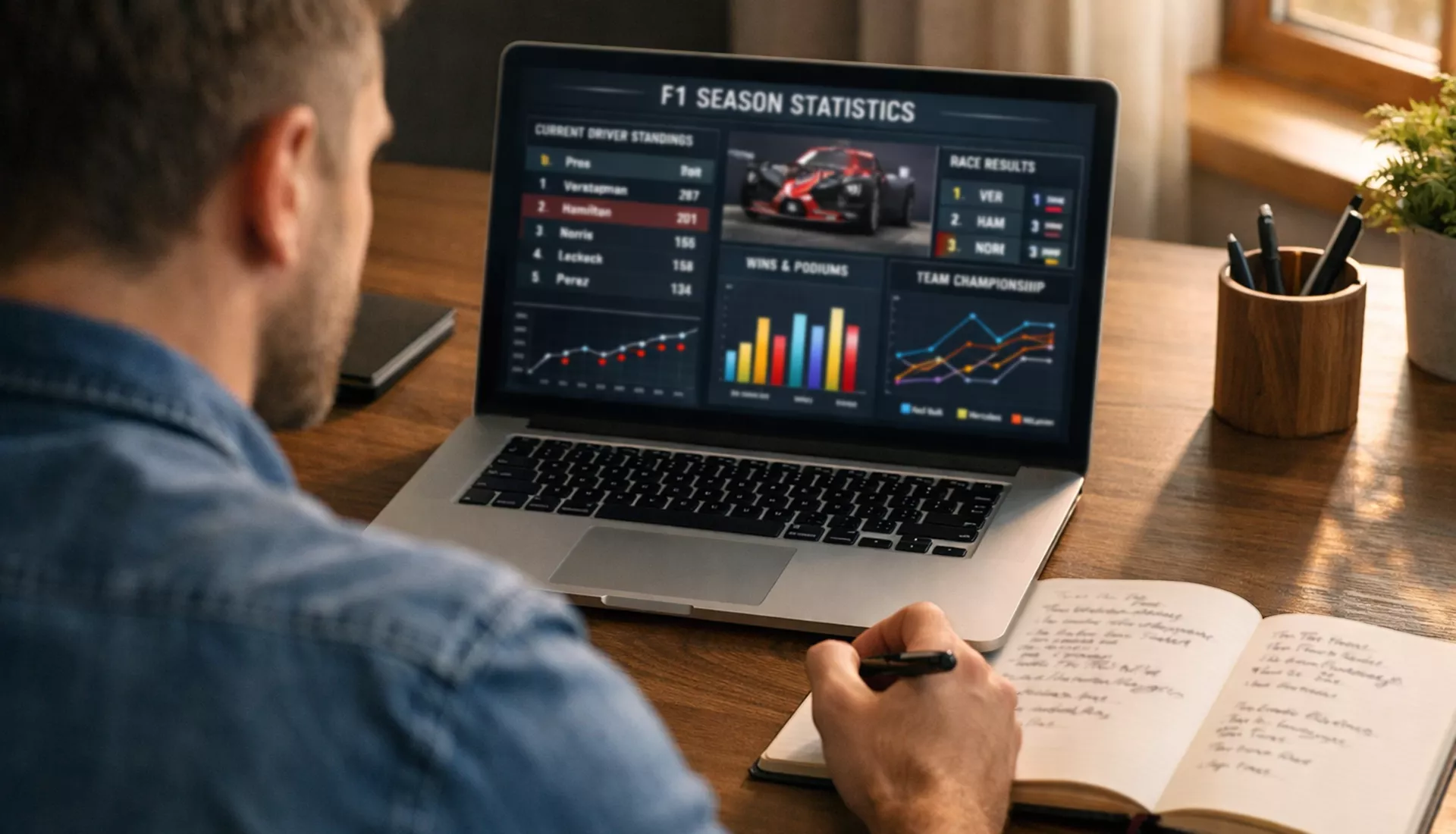 Person vergleicht Formel-1-Quoten auf einem Laptop mit Notizen daneben