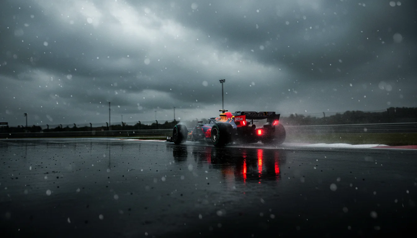 Formel-1-Rennwagen fährt durch starken Regen auf nasser Rennstrecke mit Gischt