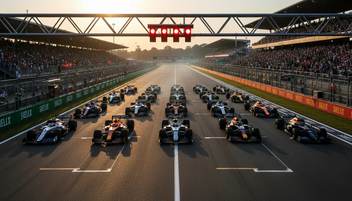 Formel-1-Startaufstellung vor einem Sprint-Rennen mit eng beieinander stehenden Wagen