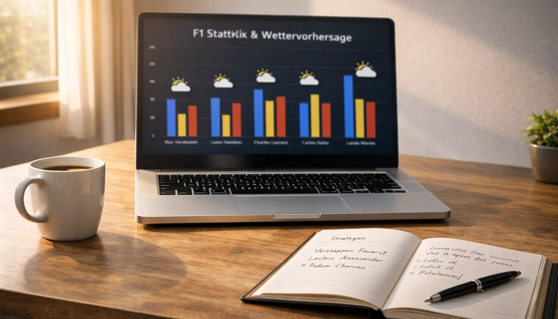 Laptop mit Formel-1-Statistiken und ein Notizbuch mit handschriftlichen Notizen