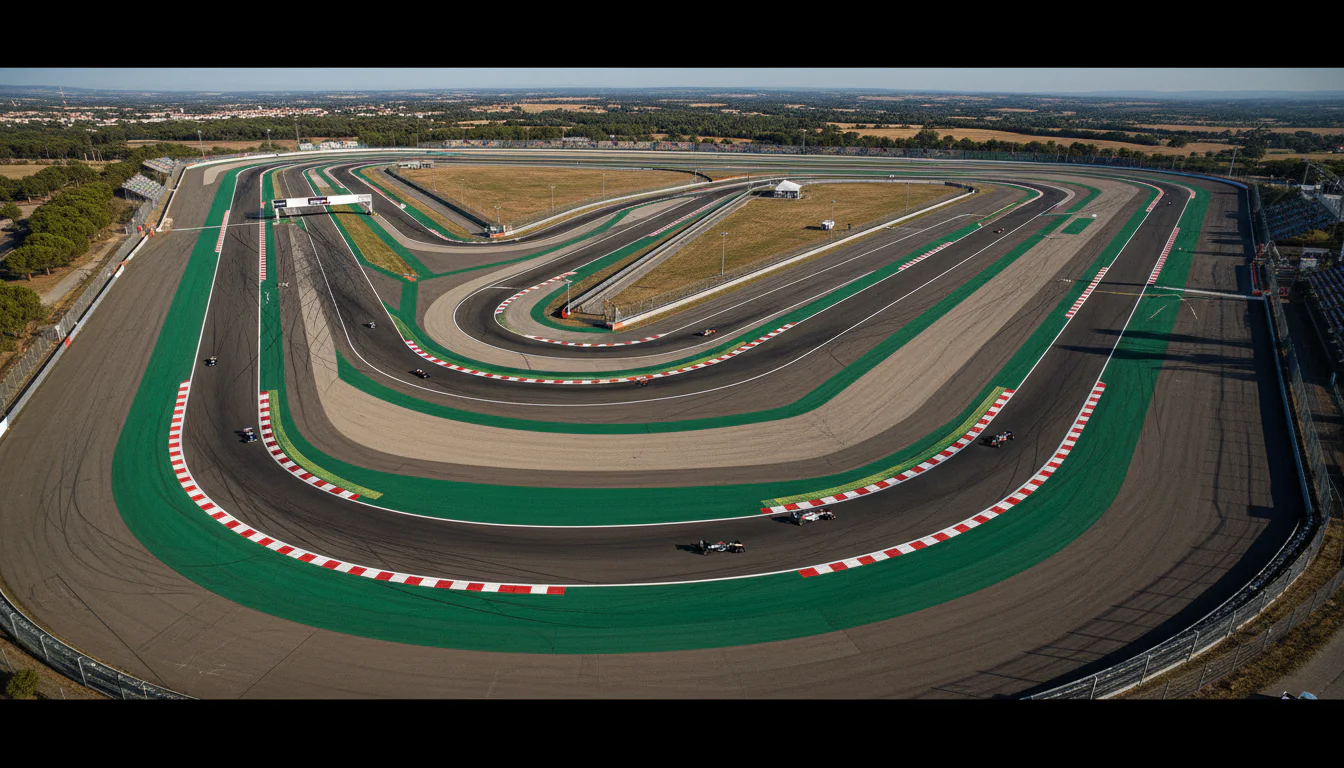 Luftaufnahme einer Formel-1-Rennstrecke mit verschiedenen Kurventypen und Geraden