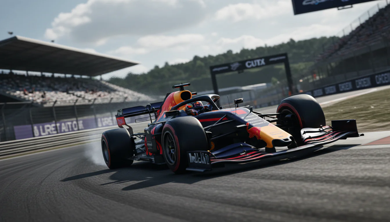 Formel-1-Wagen in Red-Bull-Farben auf einer Rennstrecke bei hoher Geschwindigkeit
