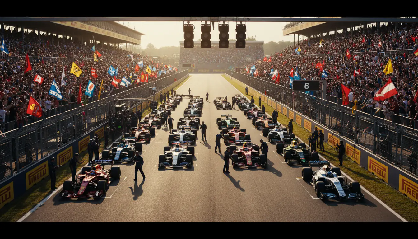 Formel-1-Rennwagen auf der Startgeraden eines Grand Prix aus Zuschauerperspektive