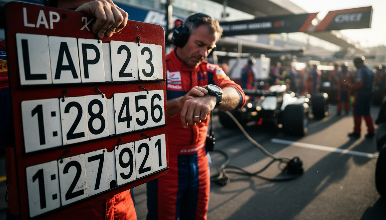 Formel-1-Boxentafel mit Rundenzeiten und ein Ingenieur der auf eine Uhr schaut