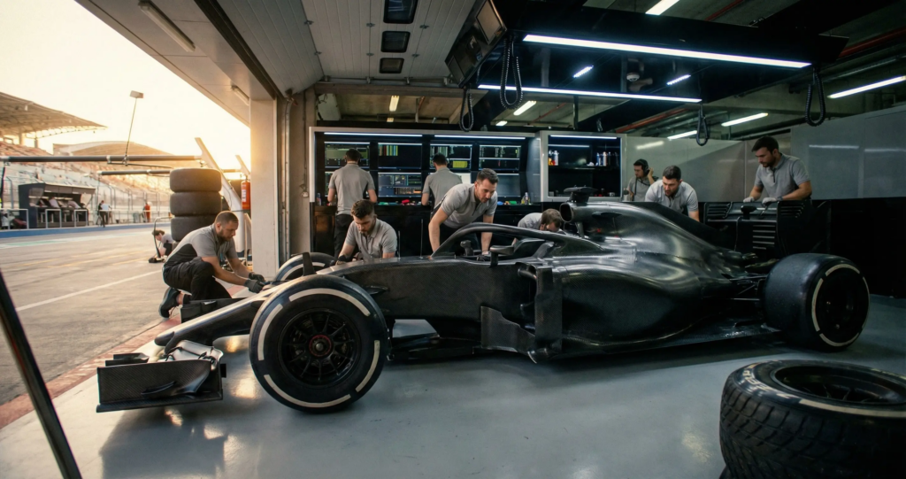 Formel 1 Rennwagen in der Boxengasse mit Mechanikern bei der Vorbereitung