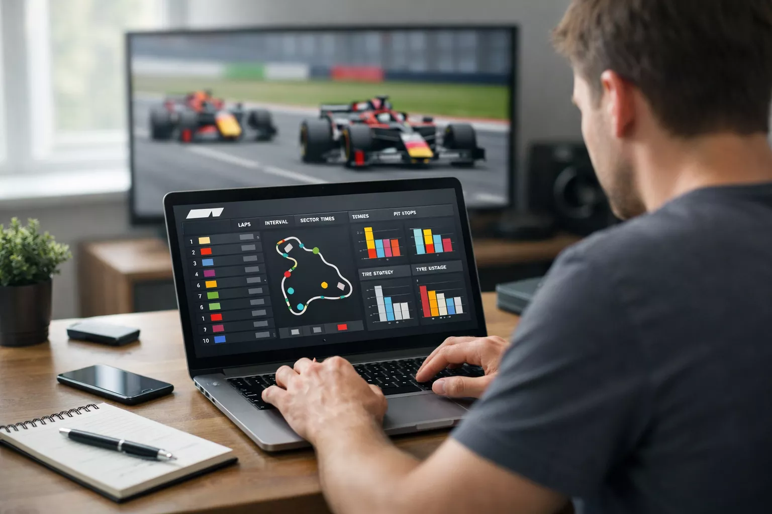 Person analysiert Formel 1 Renndaten auf Laptop mit Rennstrecke im Hintergrund