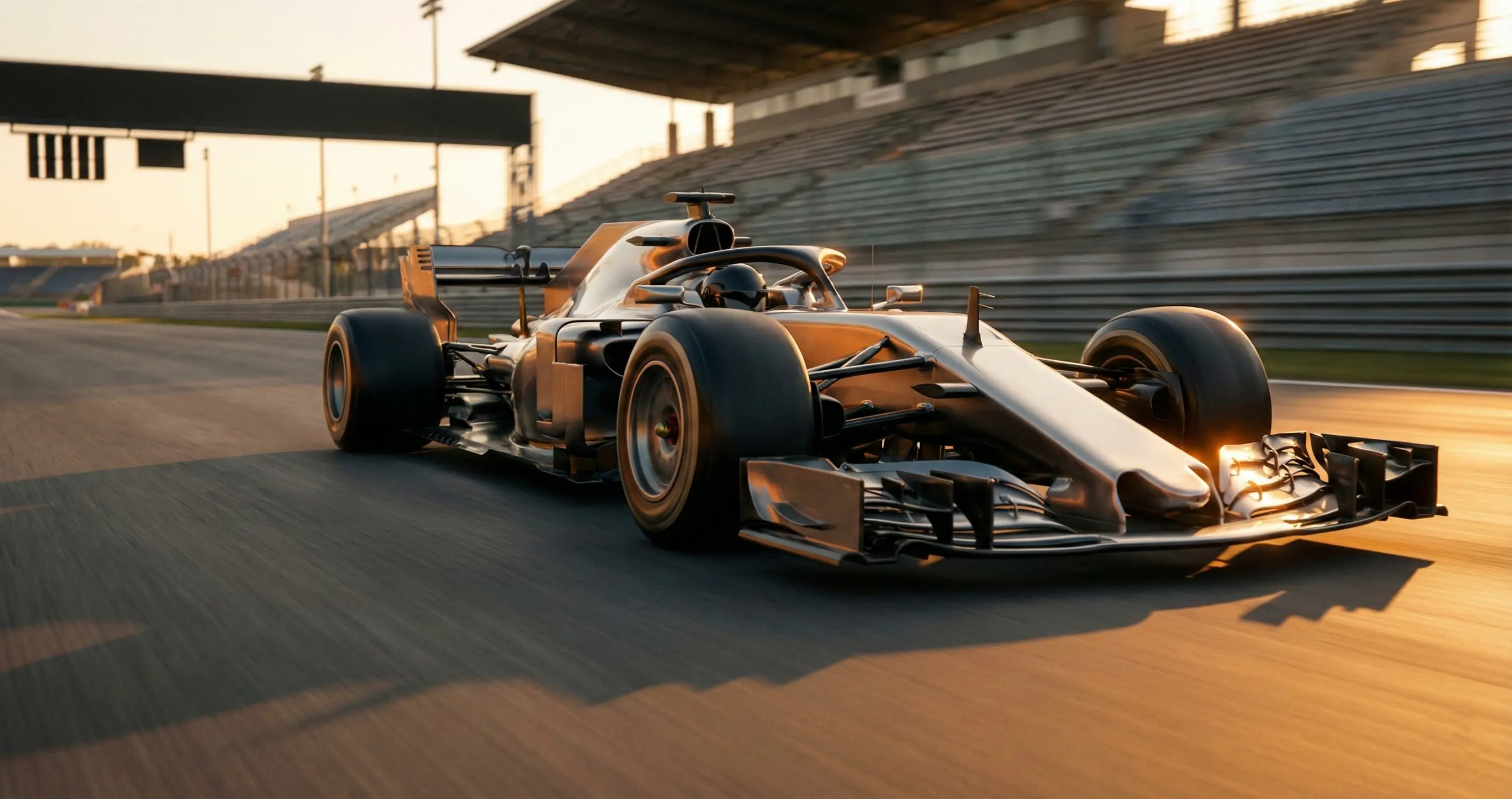 Formel 1 Rennwagen auf der Rennstrecke bei Sonnenuntergang