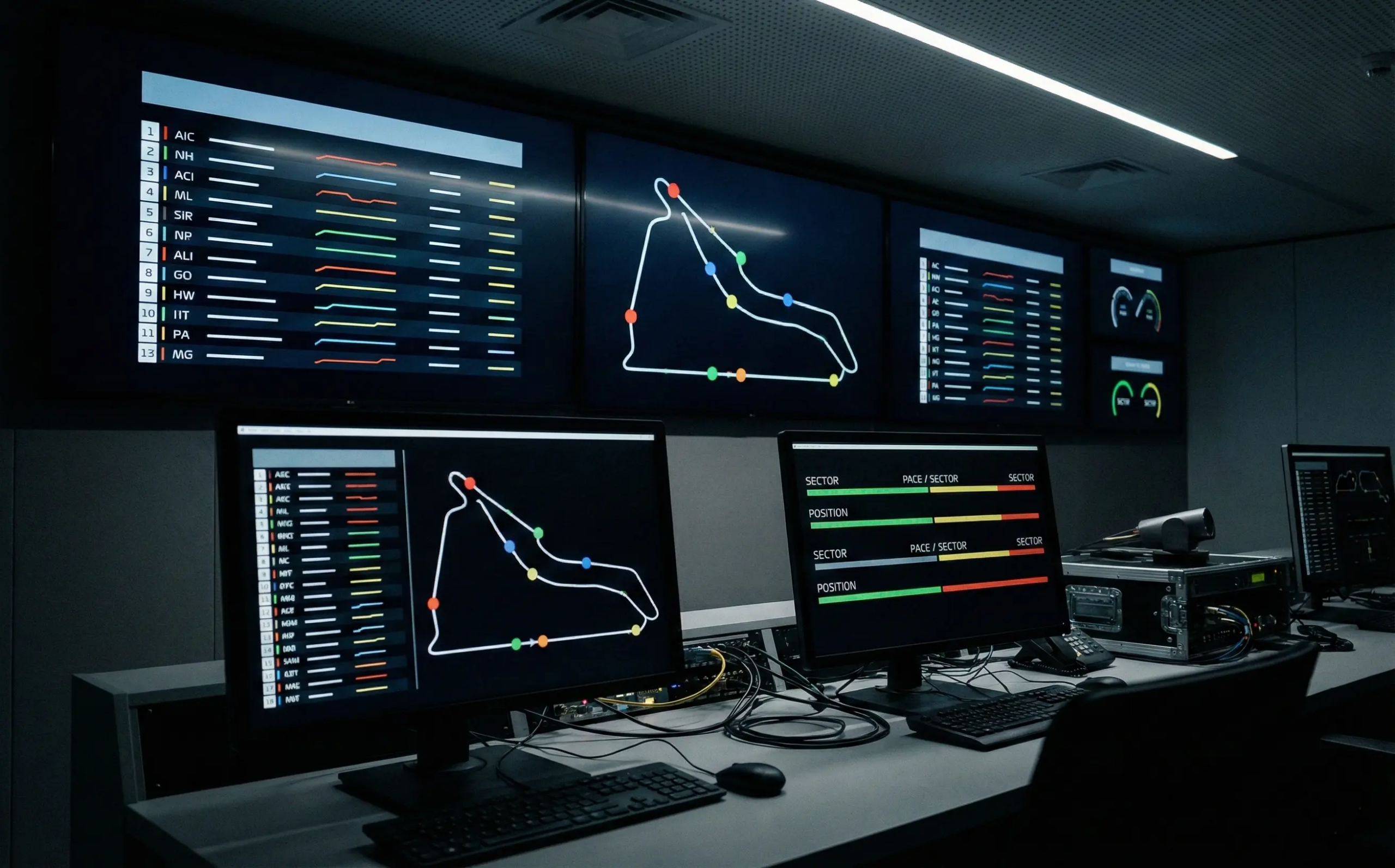 Formel 1 Rennübertragung auf Bildschirmen mit Live-Daten