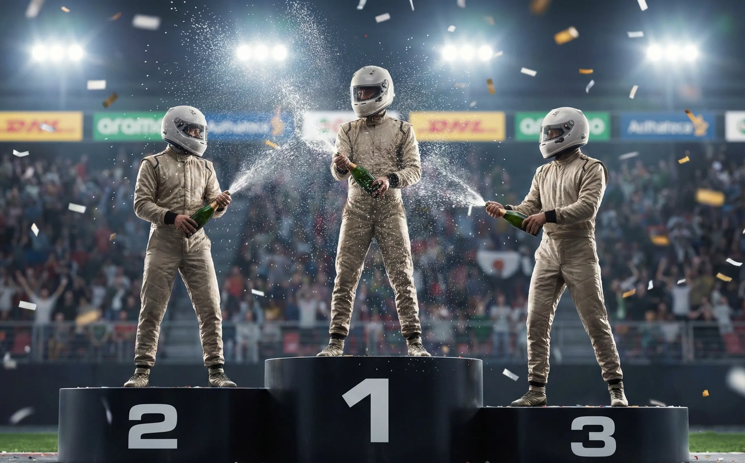 Formel 1 Fahrer auf dem Siegerpodest mit Champagner