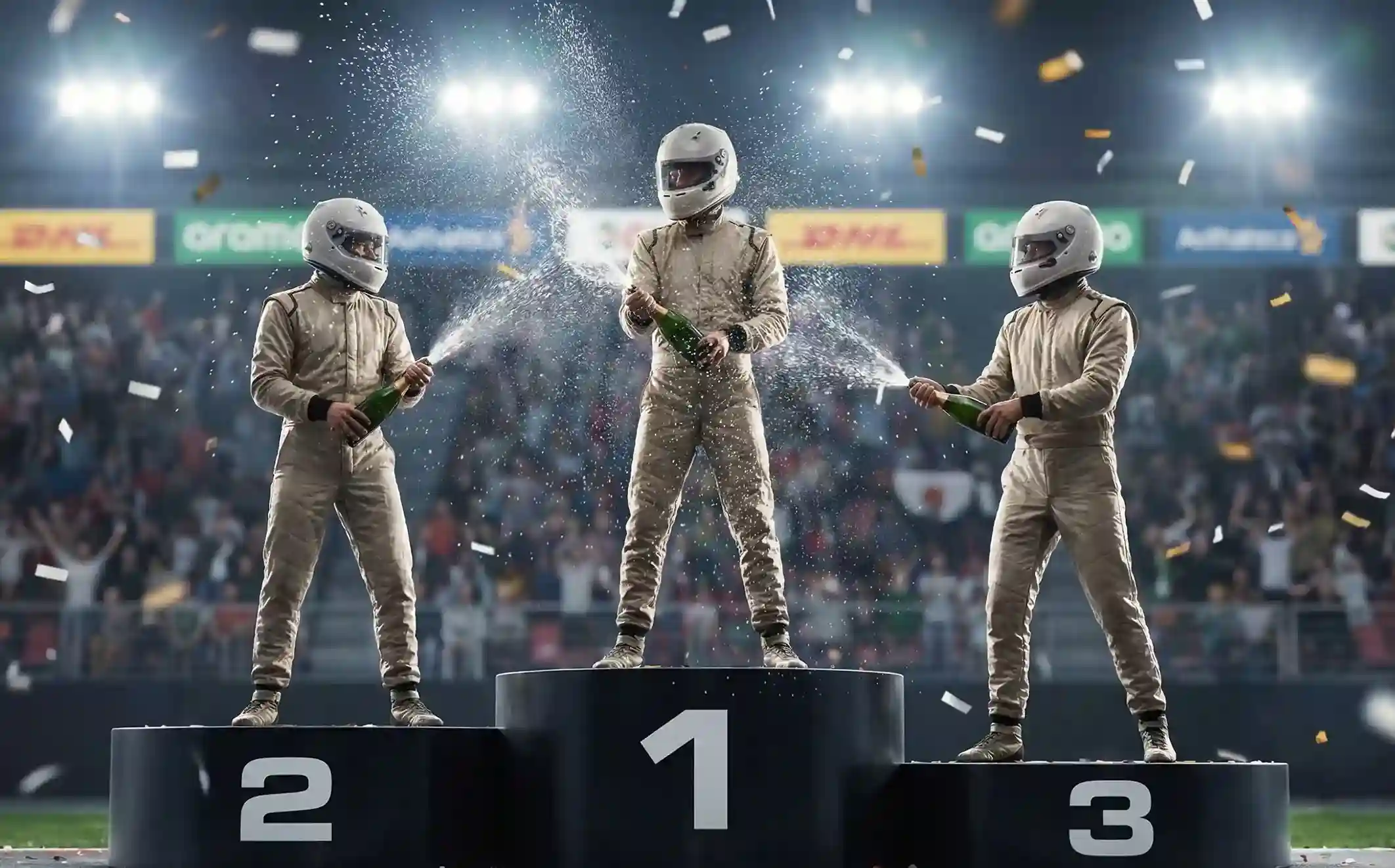 Formel 1 Fahrer auf dem Siegerpodest mit Champagner