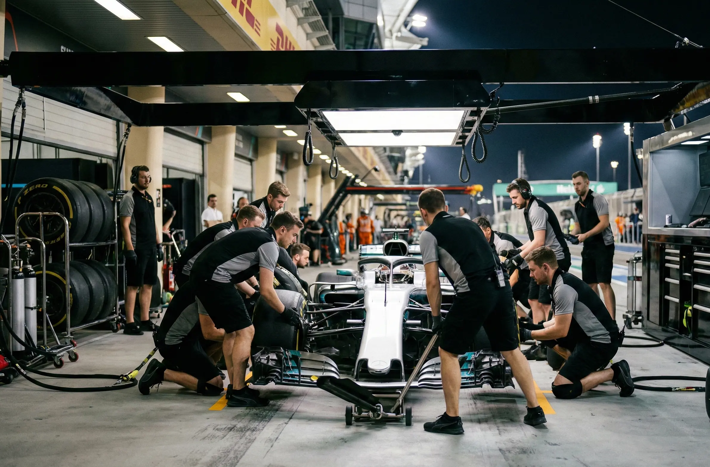 Formel-1-Team arbeitet in der Boxengasse am Rennwagen