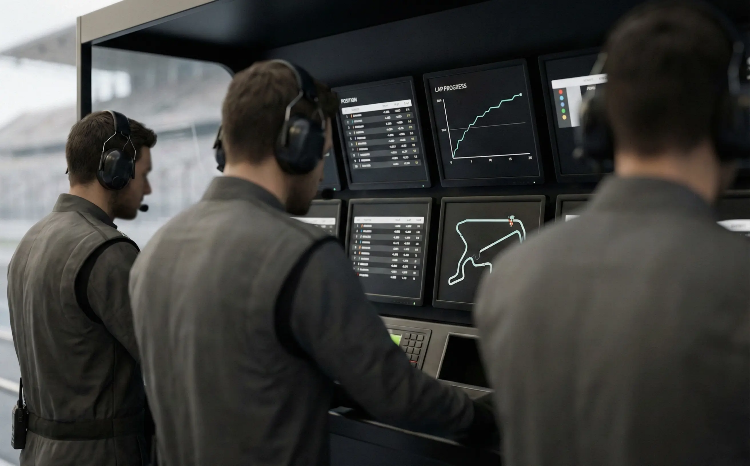 Formel 1 Team bei der Rennstrategie-Besprechung an der Boxenmauer