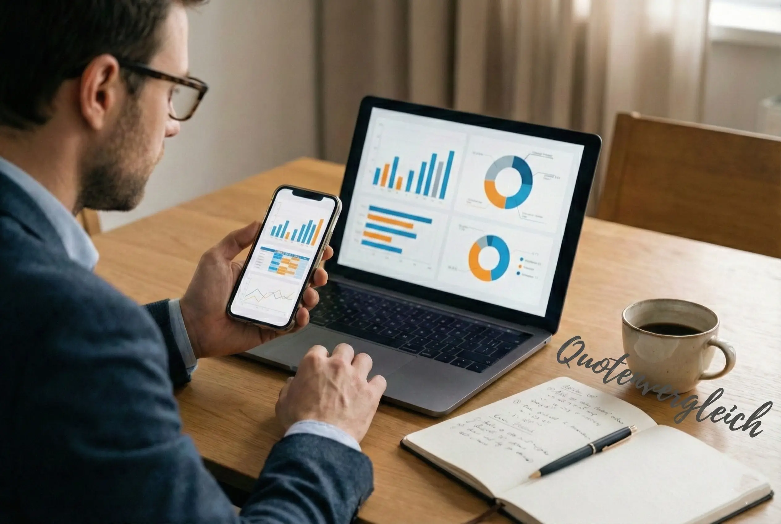 Person vergleicht Wettquoten auf Laptop und Smartphone